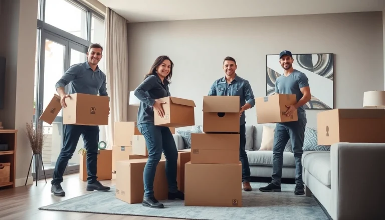 Calgary movers expertly arranging items in a modern apartment, showcasing efficiency and teamwork.