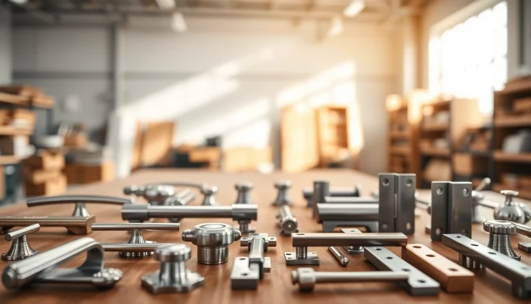 Showcase of premium hardware components by a furniture hardware supplier in a bright workshop setting.