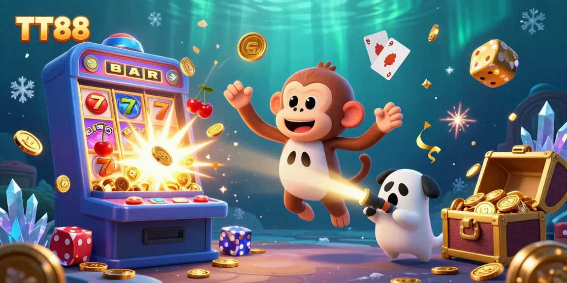 Engage with TT88's thrilling jackpot scene featuring a mischievous monkey juggling casino treasures and a ghost-hunter puppy.