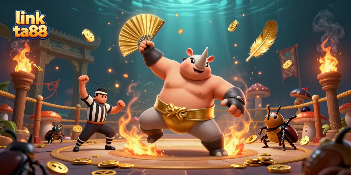Engage with link ta88 in thrilling casino action featuring a champion beetle amid flying coins.
