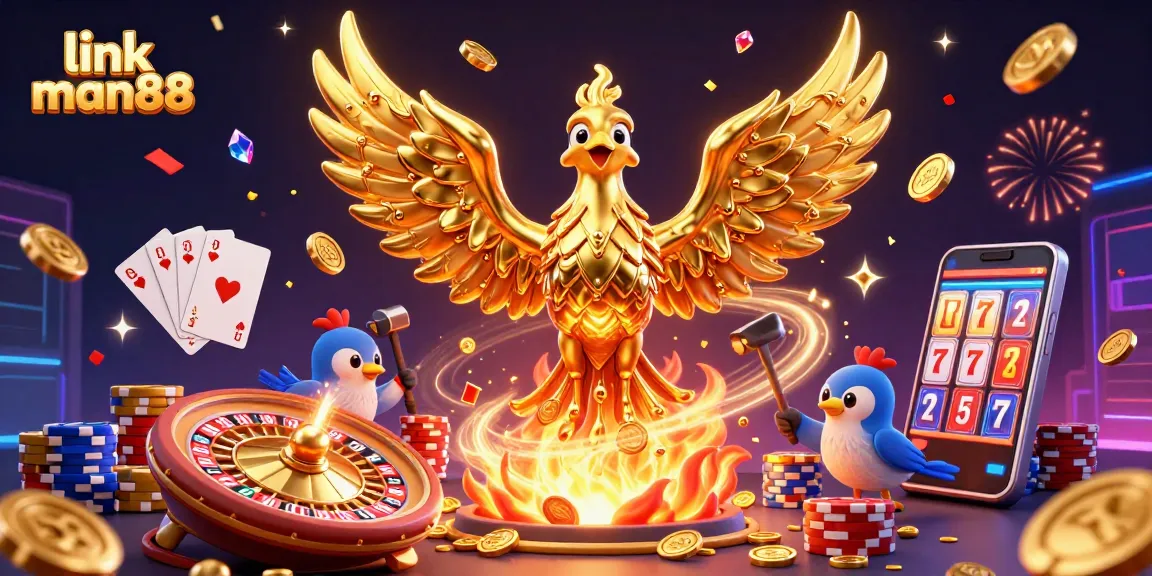 Experience thrilling gaming with link man88's molten gold phoenix emerging in a lavish casino scene.