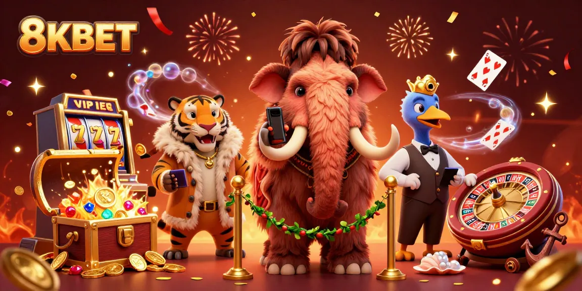 Engage in gaming excitement at 8KBET with playful 3D characters amidst festive casino elements.