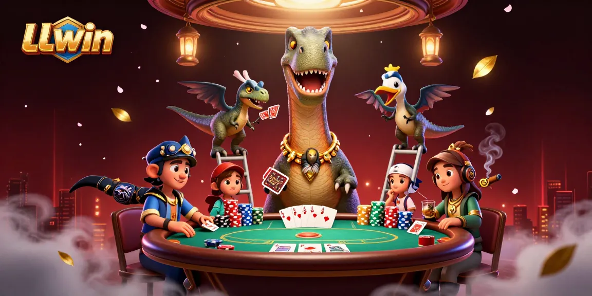 Experience LLwin gameplay through a vibrant 3D casino scene with lively characters and poker action.