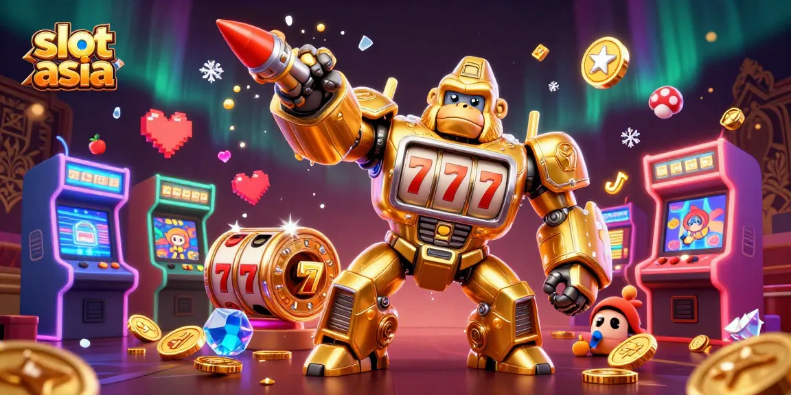 Experience the excitement of slot asia with a transformer-style golden gorilla mech, coins exploding in a 3D casino scene.