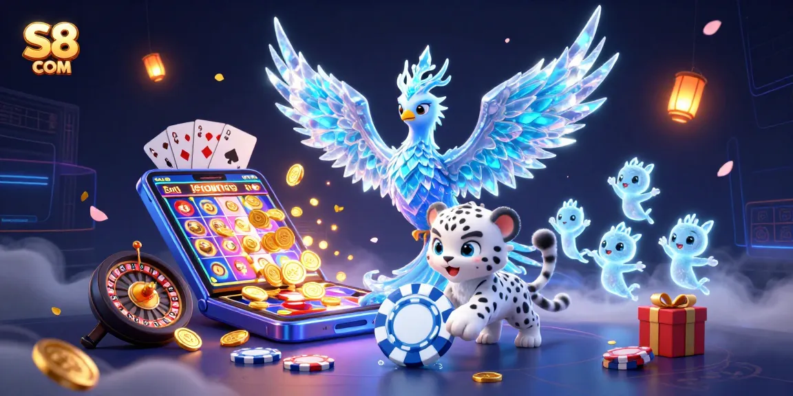 S8 COM brings a dynamic illustration featuring a snow leopard and an ice phoenix with vibrant casino elements.