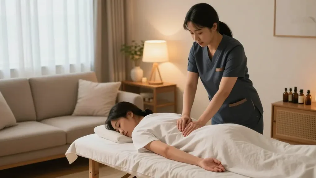 Relaxing scene of a professional delivering 종로출장안마 massage therapy in a cozy home, emphasizing tranquility and self-care.